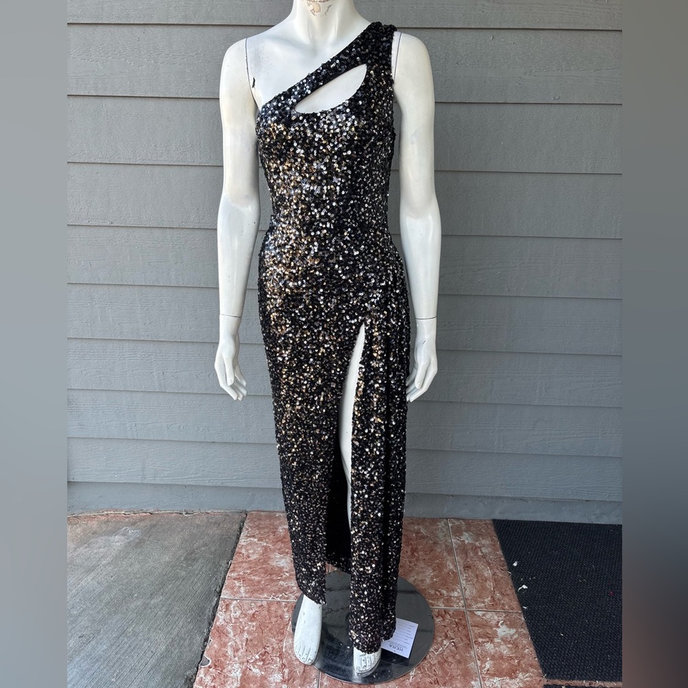 Hera Collection One Shoulder Black Sequin Dress